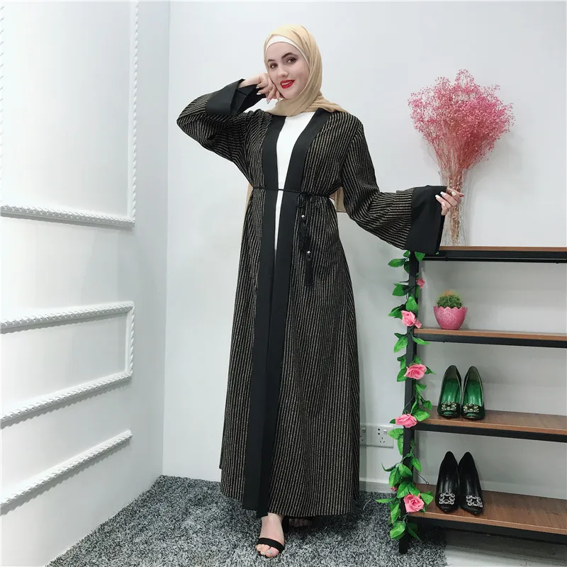 Рамадан женские мусульманские платья открытое черное платье Дубая женские, с расклешенным рукавом в полоску Восточный халат из марокена