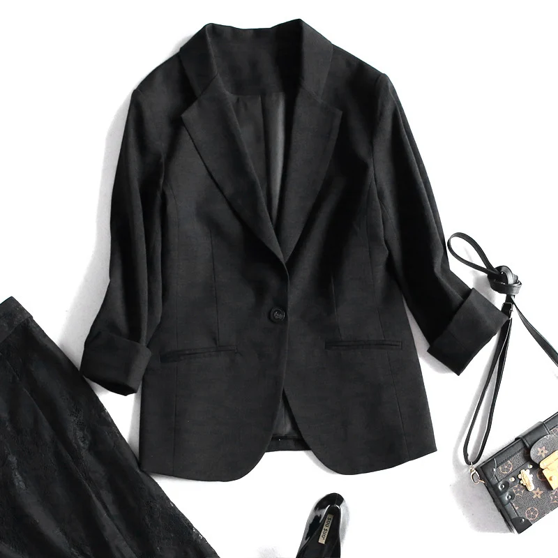 Spring OL cotton and linen small suit seven-point sleeves sleeves one-button buckle solid color Slim suit jacket free shipping