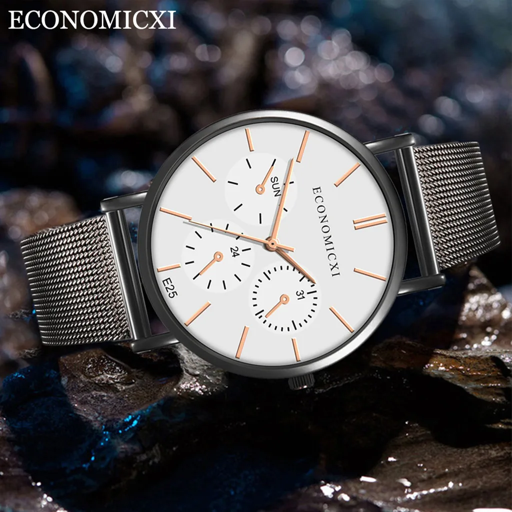 Мужские модные часы reloj hombre, простые часы из нержавеющей стали с тремя глазами, маленький циферблат, мужские кварцевые часы