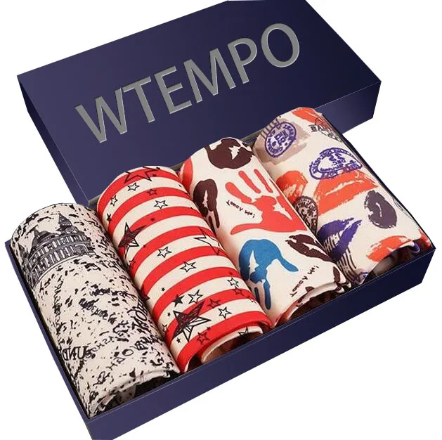 Бренд WTEMPO, мужские боксеры, мужское нижнее белье, большие короткие дышащие шорты с принтом, боксеры, сексуальные стильные трусы, 4 шт./лот - Цвет: Fashion