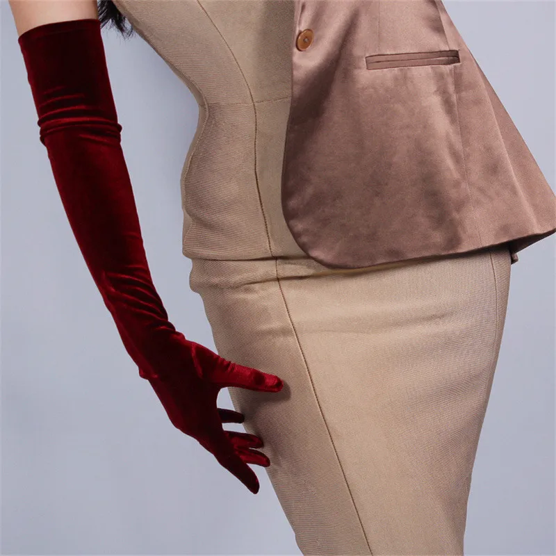 Бархатные длинные перчатки 60 см длинные чисто белые женские модели высокие эластичные бархатные золотые бархатные сенсорный экран RBS60 - Цвет: Wine Red 60cm