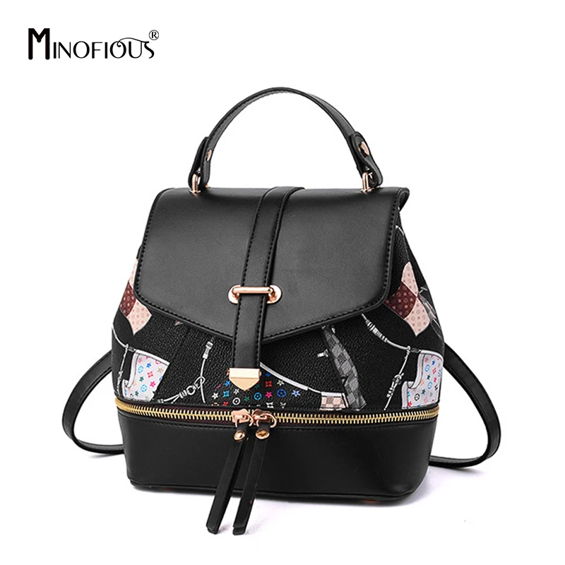 

MINOFIOUS Multifunction Mini Backpack Women Cartoon Print PU Leather Backpacks Fashion Casual School Bags Small Bag Pack