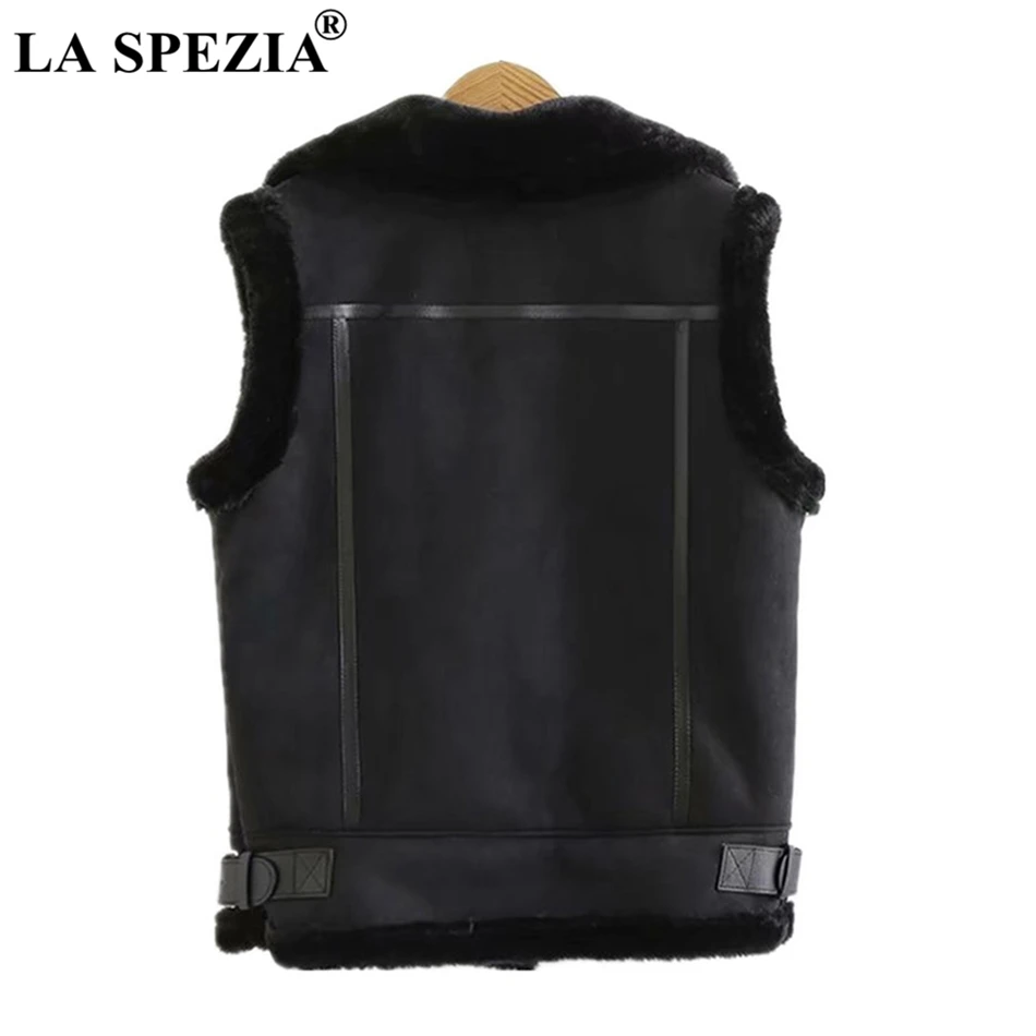 LA SPEZIA Black Waistcoat Women Winter Solid Biker Vest Female Zipper Suede Leather Warm Short Thick Ladies Sleeveless Jackets