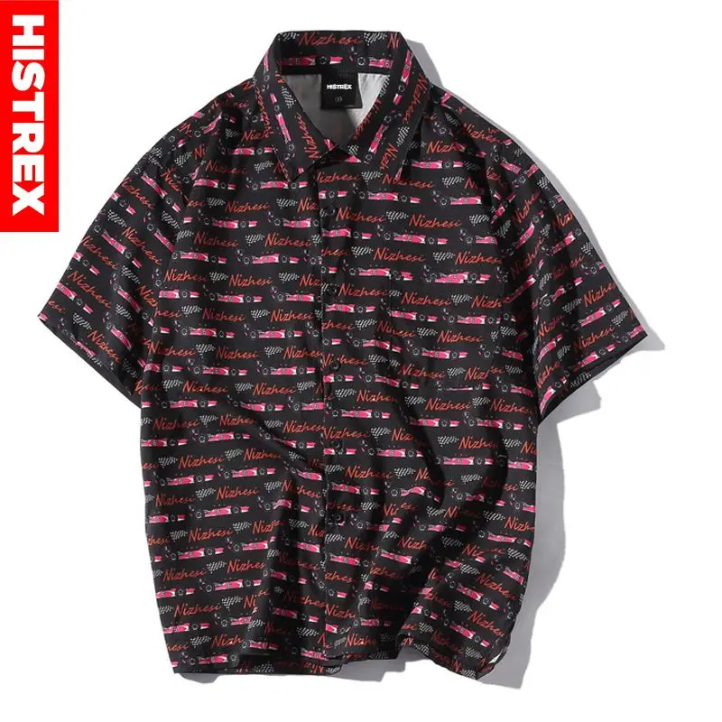 

HISTREX Men Casual Shirt 2019 Short-Sleeve Hawaiian Bowling Dress Shirts Hawaii Male 100% Cotton Print Car Black White HSJUI4#