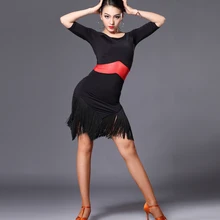 Высокое качество, средний рукав, латинское танцевальное платье для взрослых, черный/фиолетовый латинский танцевальный костюм, плюс размер, платья для выступлений MD127