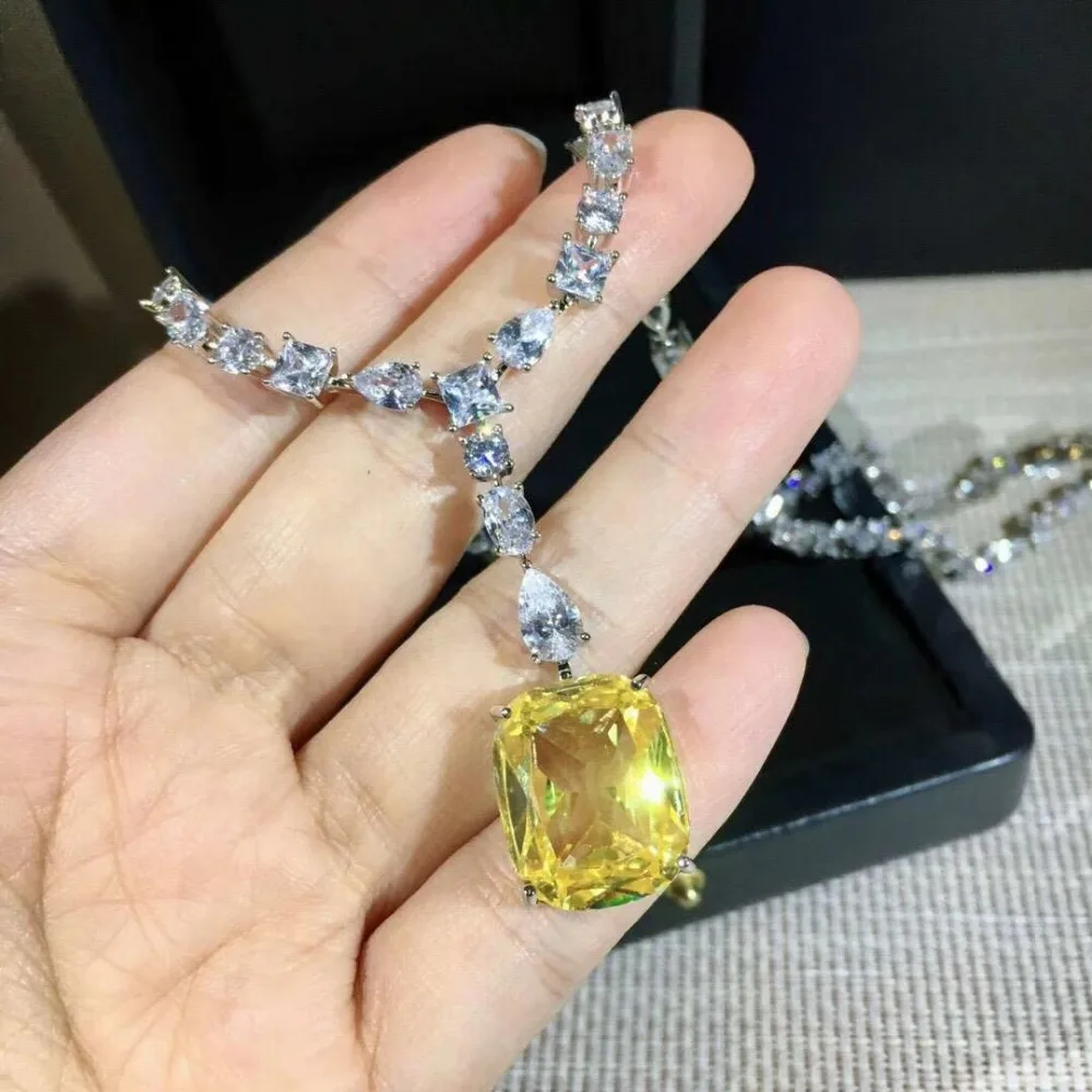 

New water drop cubic zircon Crystal Square yellow color stone pendant Necklaces Silver color Party jewelry anime for women