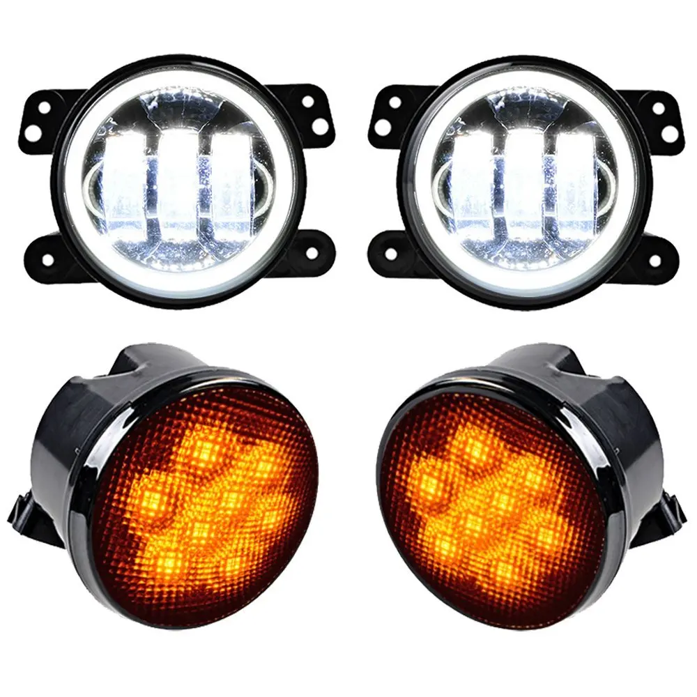 2X 4" Round LED Fog Light White Halo Angle Eyes + 2X Amber Turn Signal