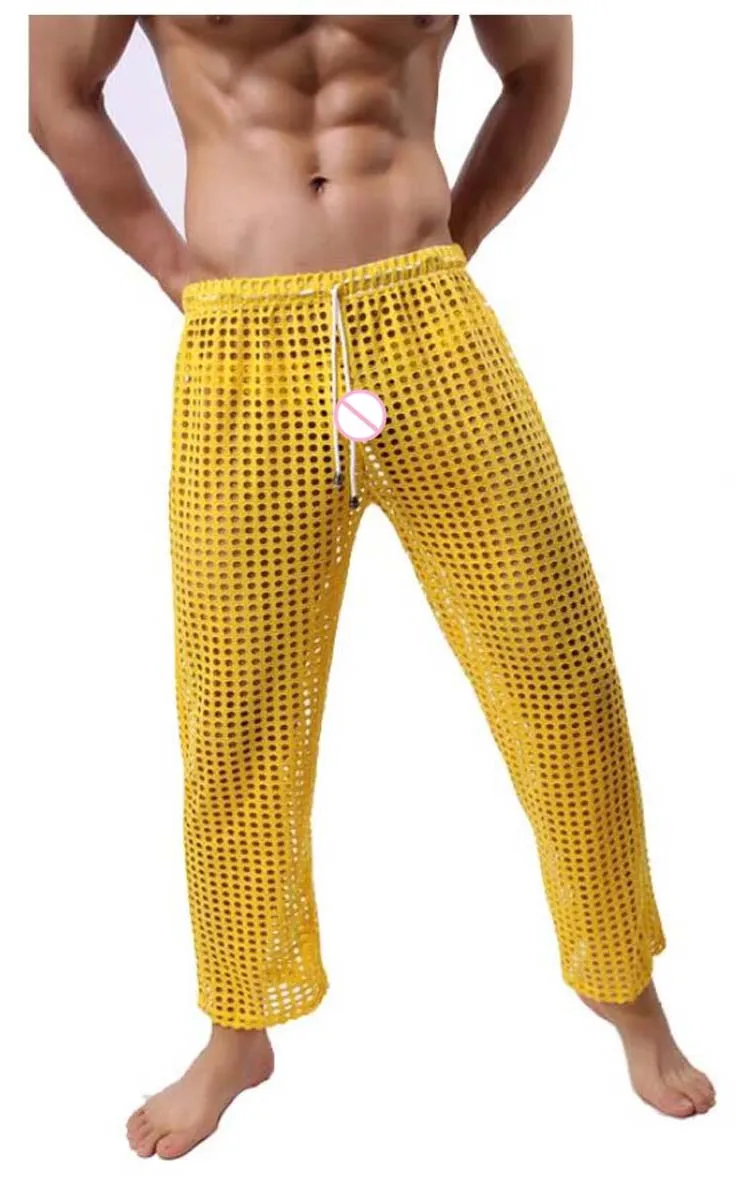 Мужские сексуальные прозрачные штаны для отдыха, брендовые модные Новые товары, ажурные прозрачные длинные пижамные штаны
