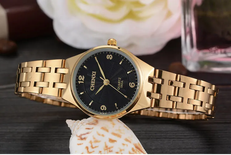 CHENXI брендовые популярные золотые женские кварцевые часы, женские часы со стальным ремешком, женские модные повседневные часы с кристаллами, Подарочные наручные часы - Цвет: A Golden Black