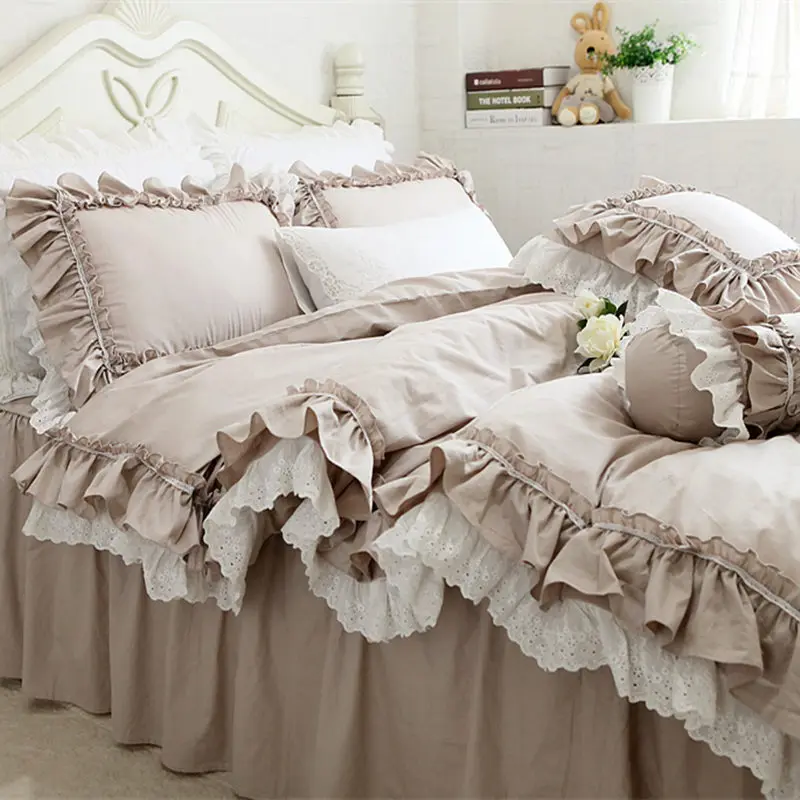 New European Khaki bedding set double ruffle lace duvet cover bedding elegant bedspread bed 