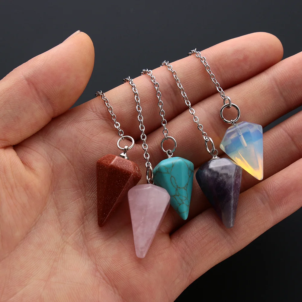 Natural Stone Reiki Pendulum Pendant Healing Crystal Amulet Gemstone Rock Hexagon Pyramid Rose Quartz Amethyst Turquoise