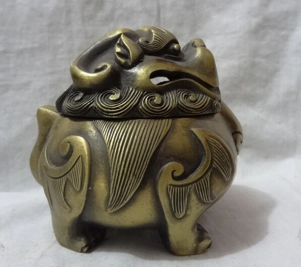 

JP S0608 Chinese Bronze FengShui PiXiu Unicorn Lion Head Statue Incense Burner Censer