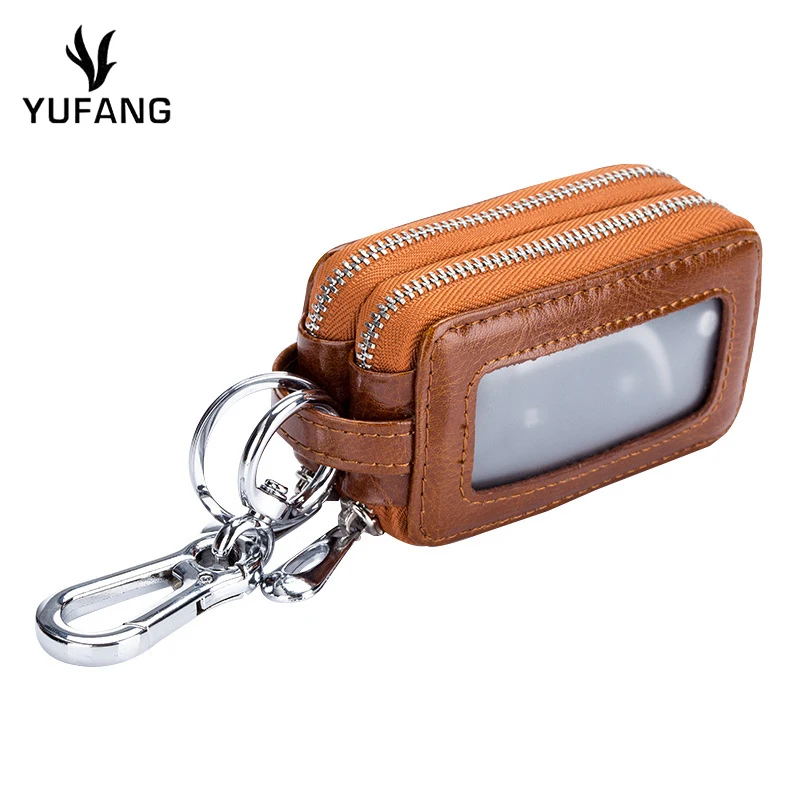 

YUFANG Car Key Case Genuine Leather Double Zipper Key Holder Oil Wax Cowskin Key Chain Waist Hanging Men And Women Key Wallet