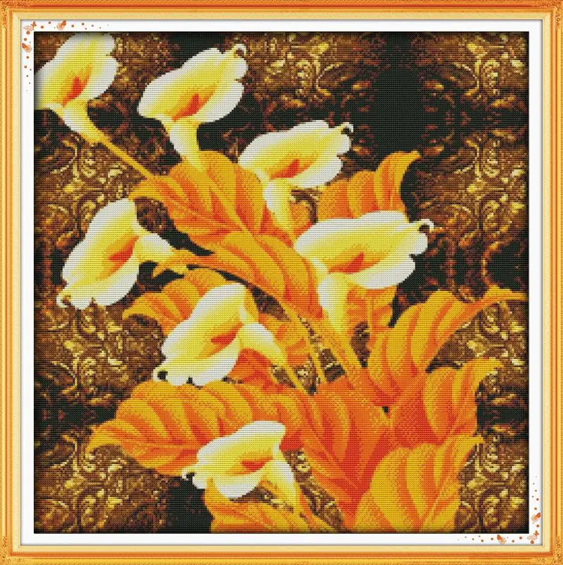 Golden Calla Flower DMC Cross Stitch DIY Needlework 14CT11CT Counted