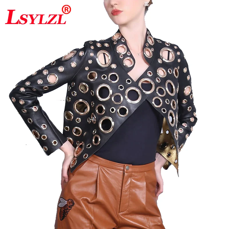 

Fashion Cool Golden Leather Jacket Women Metal circle Moto Coat Punk Rock Faux Jacket jaquetas couro Casaco chaquetas JacketB226