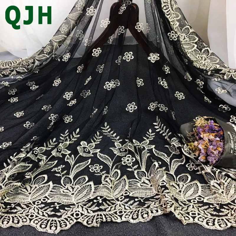 

2018 New Gold Silk Symmetric Embroidery Black Africa Lace Fabric Women's Fashion Flower Skirt Lace Accessories Dress Net Yarn