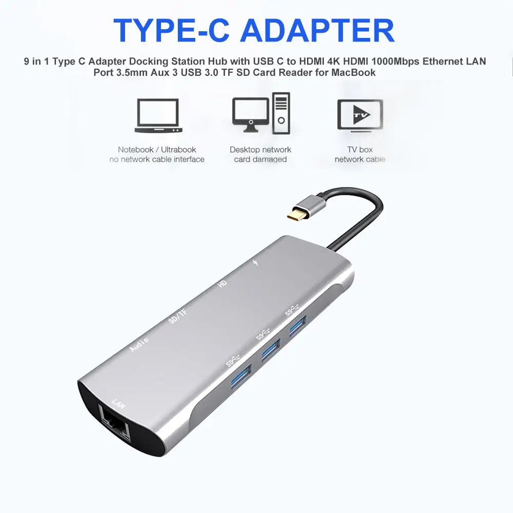 

9 In 1 Type C Adapter Station Hub LAN Port 3.5mm Aux 3 USB 3.0 TF SD Card Reader For MacBook