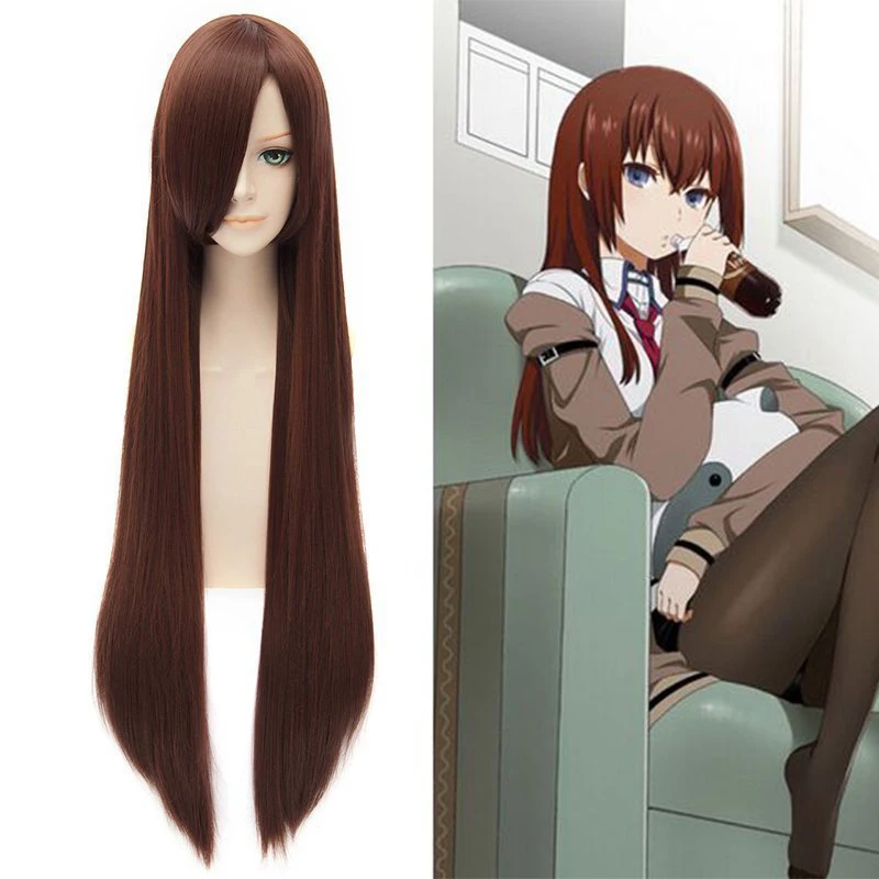 Makise Kurisu 100 см коричневый каштановый прямые длинные полные челки карнавальный