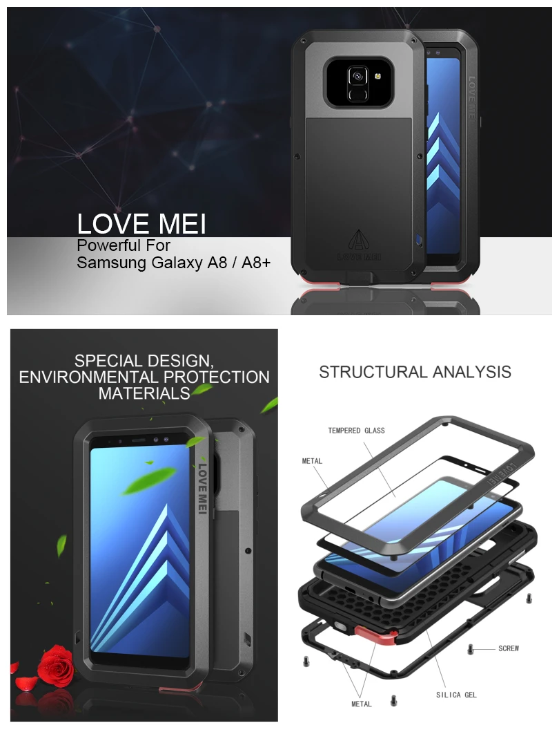 Алюминиевый металлический защитный чехол LOVE MEI с защитным стеклом для Samsung A8 + 2018