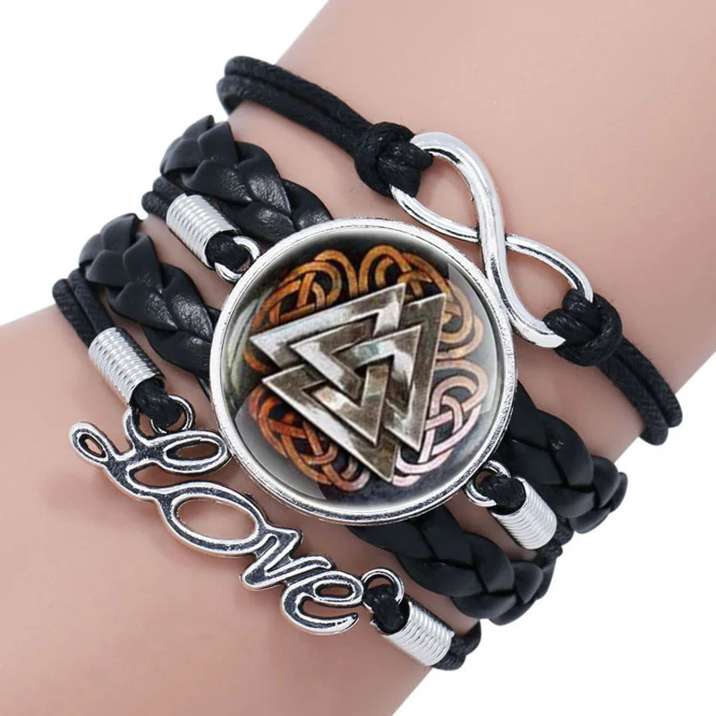 Новая мода треугольный Валькнут в стиле норвежских викингов стеклянный кабошон плетеный браслет Шарм женский кожаный браслет - Окраска металла: Black