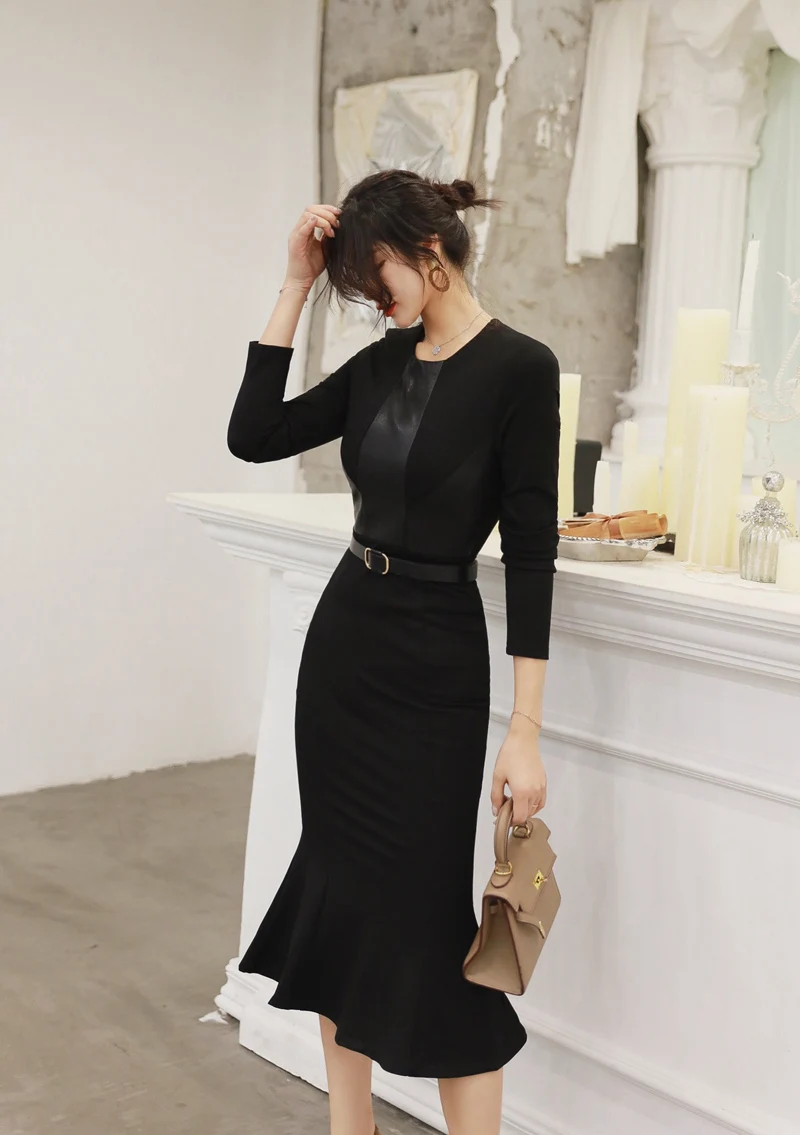 Женское летнее винтажное платье с круглым вырезом, элегантное вечернее платье до середины икры из искусственной кожи с поясом, длинный рукав, черное платье Vestidos