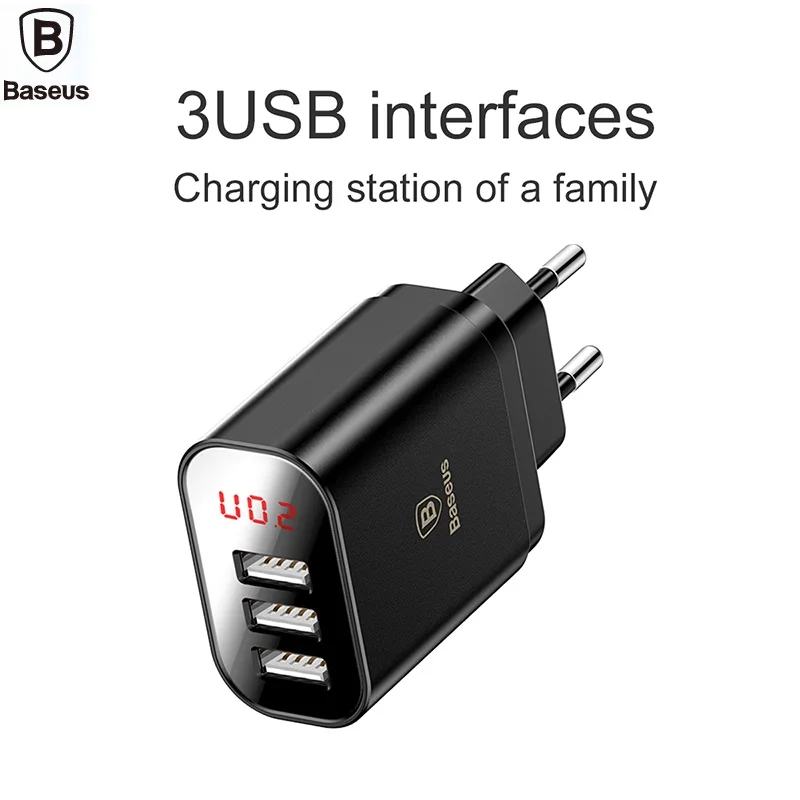

BASEUS Brand Mirror Charging Monitoring Intelligent Digital Display 3 USB EU Travel Charger 3.4A For iPhone Samsung Mobile Phone