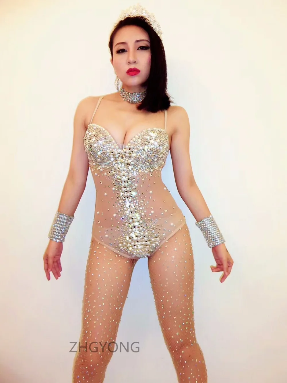 Cosplay&ware Sparkly Rhinestones Sexy Perspective Bodysuit Black Skin Color Mesh Backless Jumpsuits Bar Dj Singer Costume Zentai Dance Wear -Zentai shop online