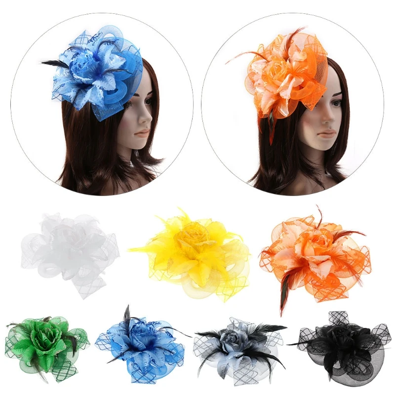 

Womens Fascinator Hat Feather Hair Clip Party Shiny Flower Veil Headband Party