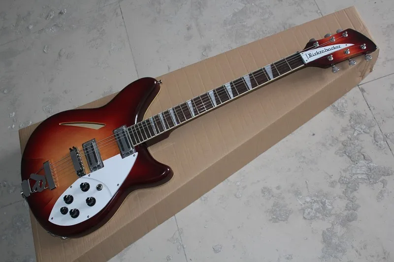 

wholesale Rick guitar, 2 pickups + 6 string Sunburst electric guitar with R Vibrato with Dual Output Hole 14-11-11