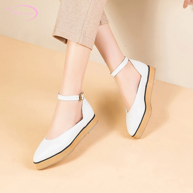

Japanese casual style sexy pointed toe pumps fashion belt buckle platform black white pink thick low with women shoes big size