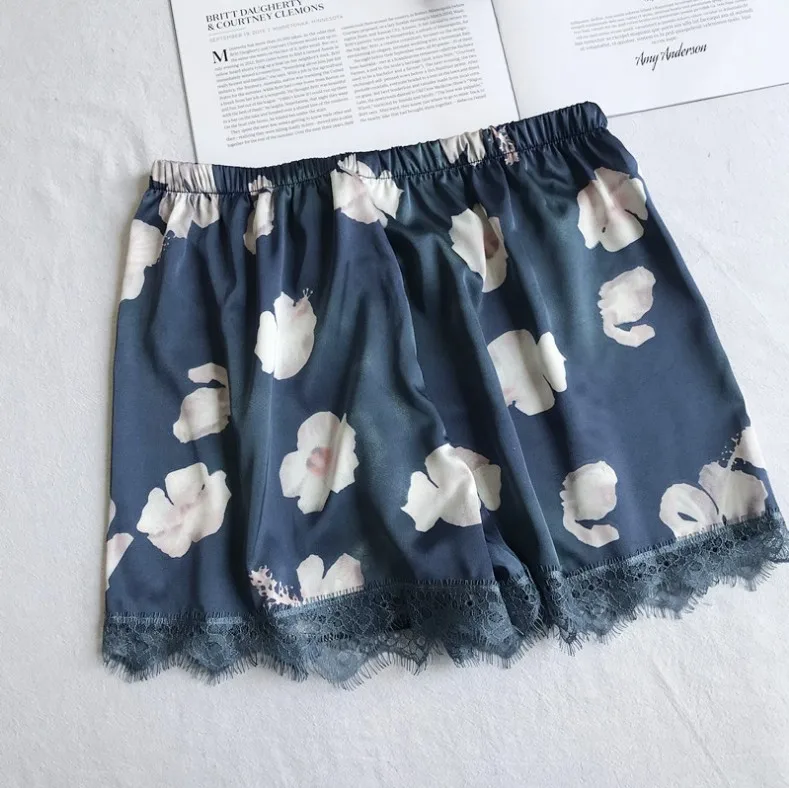 Сексуальные стежка Pyjama Mujer Для женщин Цветочный принт пикантные Для женщин кружева лоскутное шелковый атлас шорты пижамы комплект пижамы MA50162