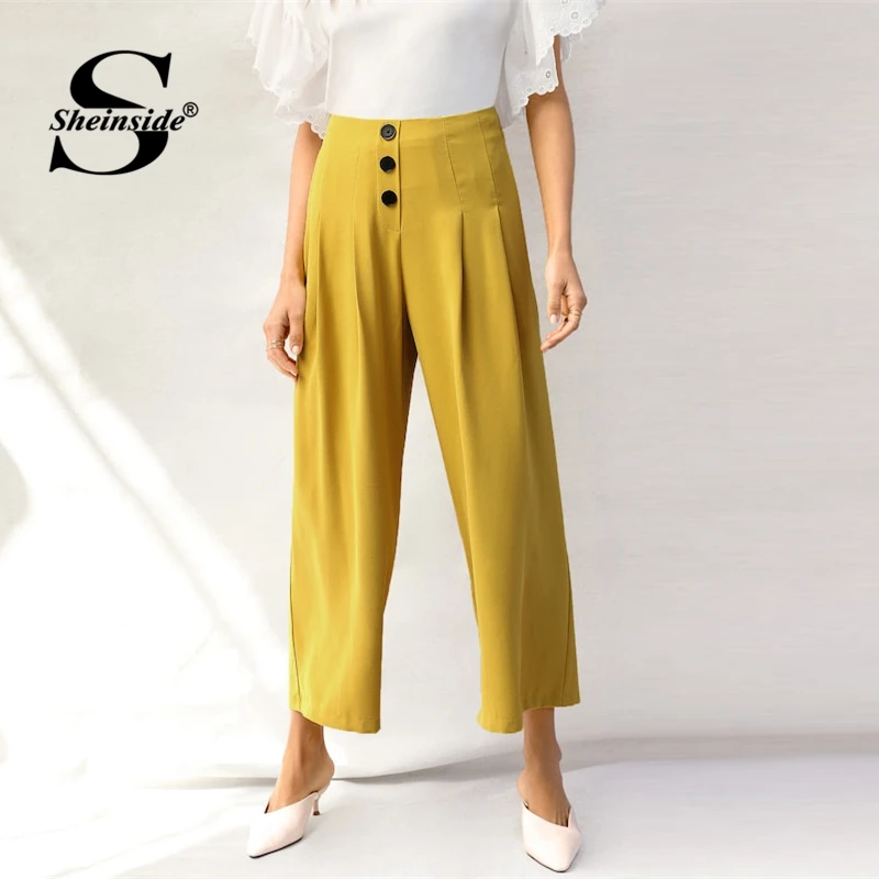 

Sheinside Button Detail Front Pleated Wide Leg Pants Women 2019 Spring High Waist Crop Trousers Ladies Solid Zipper Pants