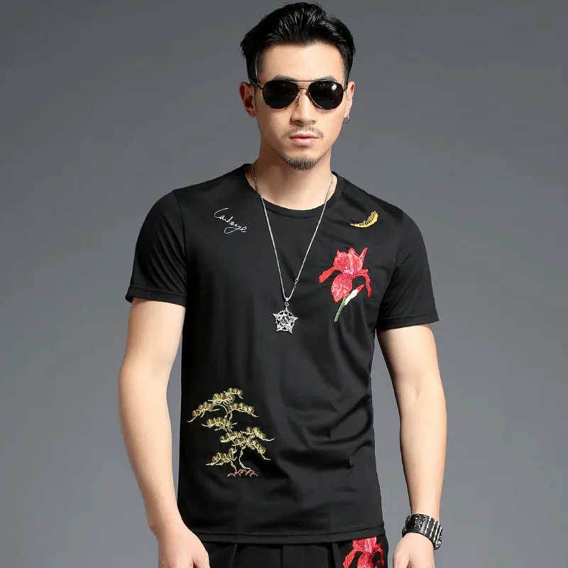 

Vintage Embroidery T-shirt Men Tshirt Flower Plant Pattern Mens T Shirt Short Sleeve 2018 Summer Tops Tees Slim Fit Male Tshirts