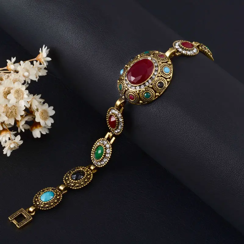 Turkish Jewelry Ethnic Bohemian Bracelets For Women Red Gem Stone Black Resin Tribal Gold-Color Femme Bracelet Jewellery Metal Bracelet