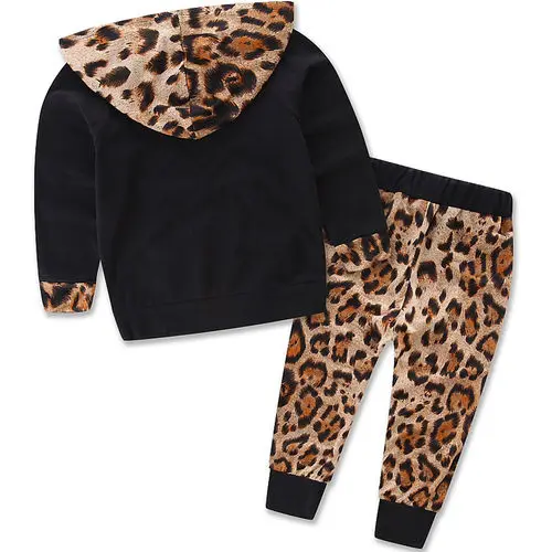 2 шт. детская одежда для маленьких мальчиков и девочек комплект Леопардовый пуловер пальто с капюшоном наряды+ Брюки для девочек Комплект одежды наряд осенняя одежда