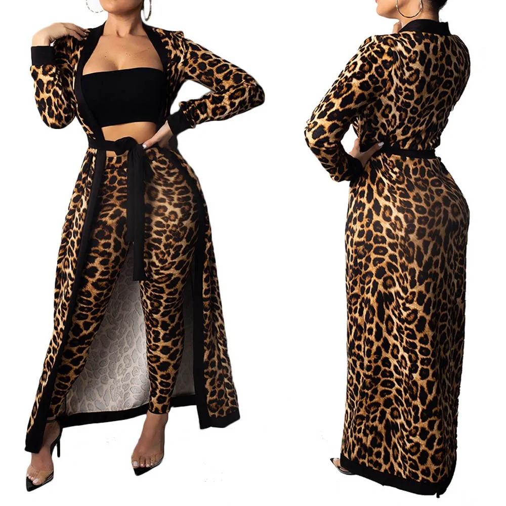 JAYCOSIN, Женский комплект одежды, сексуальный леопардовый комплект из 4 предметов: жилет+ длинная куртка+ штаны+ пояс, осенне-зимние модные повседневные комплекты