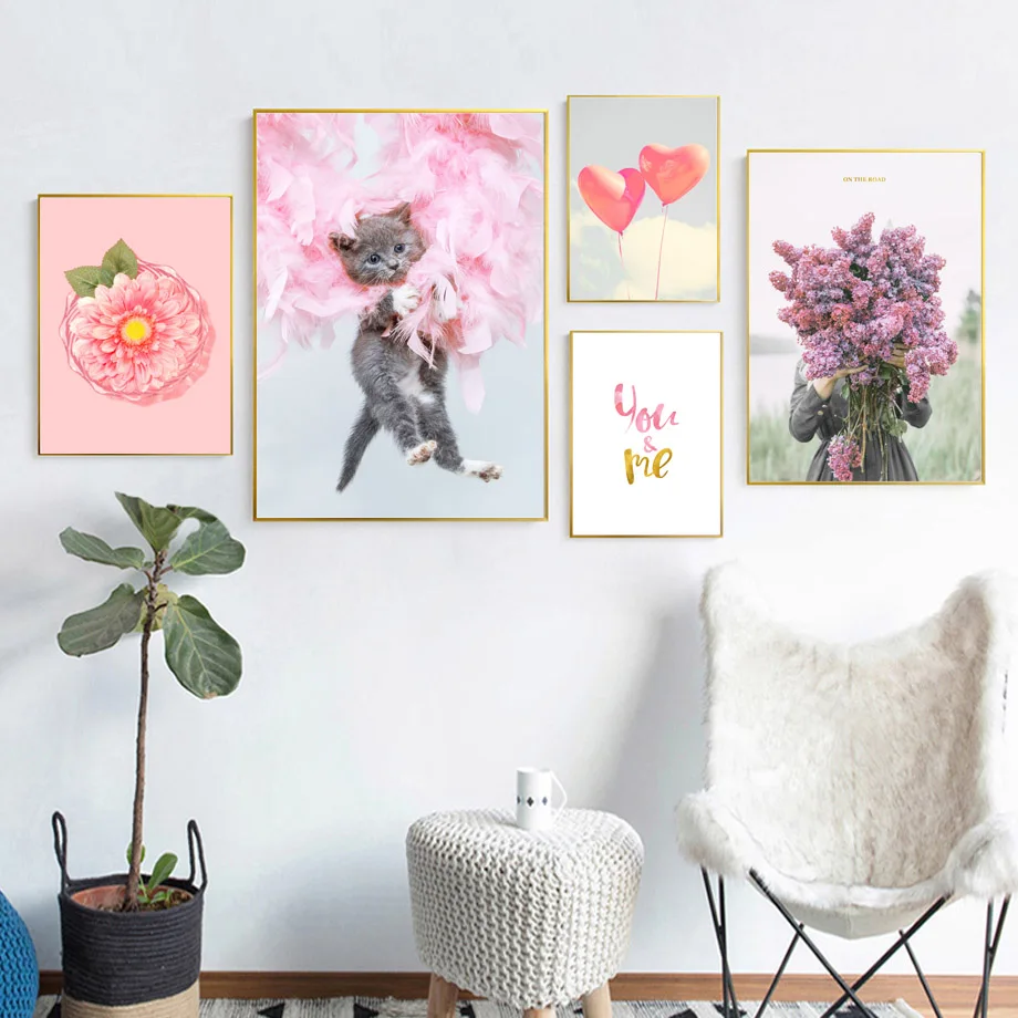 Pink Feather Cat Heart Balloon Flower Girl Wall Art Canvas Painting Nordic Posters And Prints Wall Pictures For Living Room Home