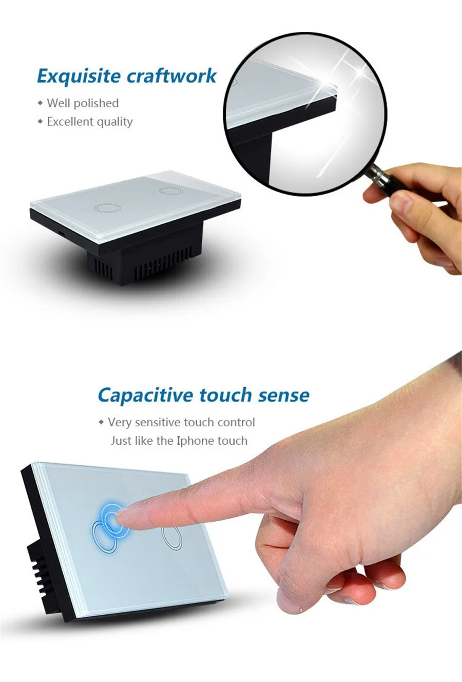 6--US Standard 2 Gang 1 way Remote Switch Touch Screen Wall Light Switch with Remote Control function, 433Mhz, AC110-240V