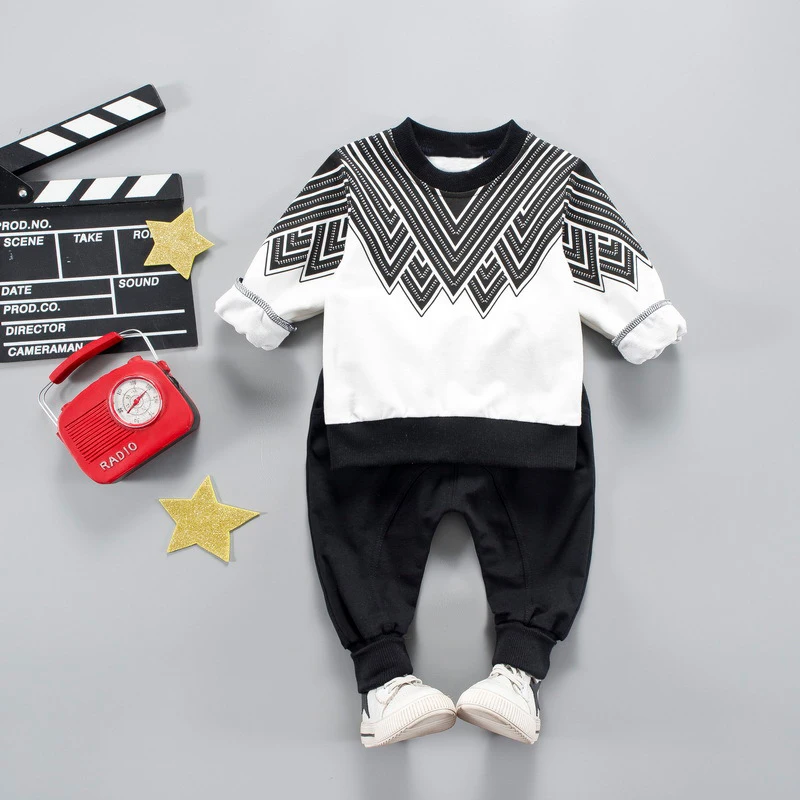 

Children Clothing Set Cotton Boys Sweater Stripe Black And White Set Children's Casual Two-Piece Set of Pants Baby Kids Clothes