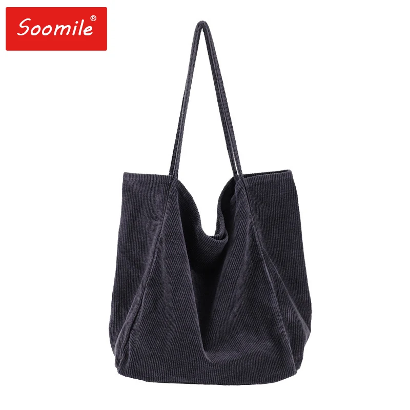 

Women Fashion Corduroy Shoulder Bag Large Capacity Female Big Tote Handbag Folding Reusable Shopping Bags Thin Strap Cloth Bags