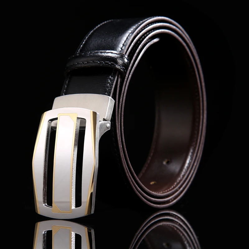 DavidPrince Luxury Black Silver Hollow Leather Belt Buckle Full Steel Rectangle Pants Belt