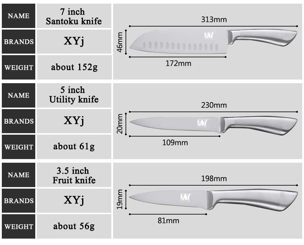 XYj кухонные ножи из нержавеющей стали 8,8, 8,7, 5, 3,5, шеф-повара, нож для нарезки хлеба сантоку, кухонный нож для фруктов