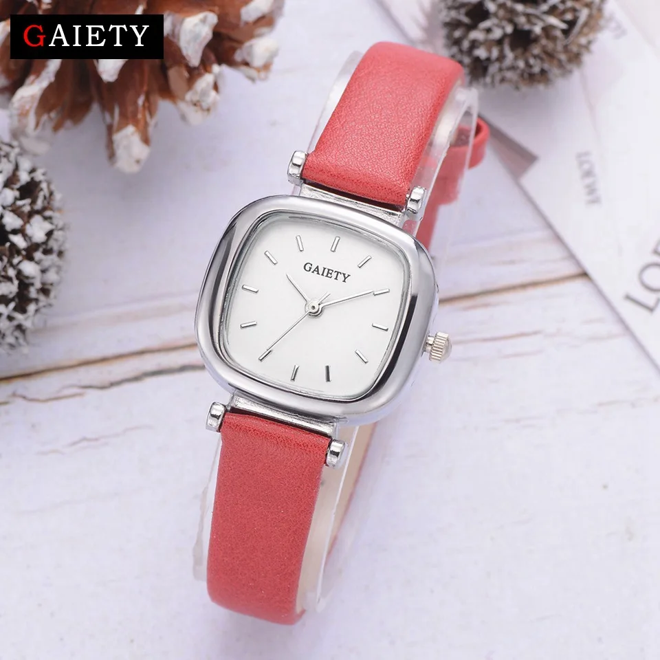 Gaiety, изысканные часы с красным кожаным ремешком, женские модные Роскошные Кварцевые спортивные часы с квадратным простым циферблатом, женское платье, Reloj Mujer
