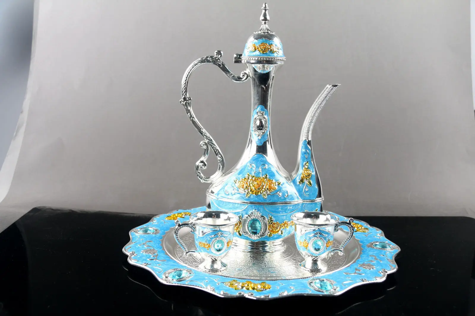 

Collectible Decorated Old miao Silver Carved Flower TeaPot Cup Plate Set