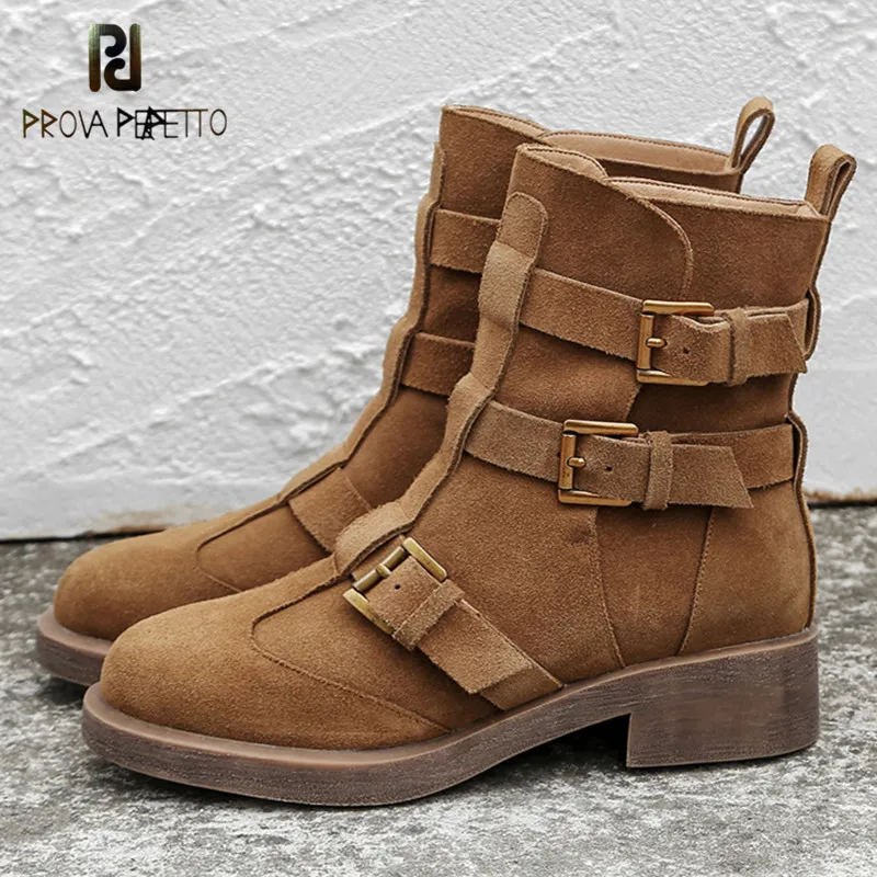 

Prova Perfetto Women Hot Selling Brown Suede Leather Round Toe Buckle Flat Boots Comfortable Low Heel Ankle Boots Winter Boots