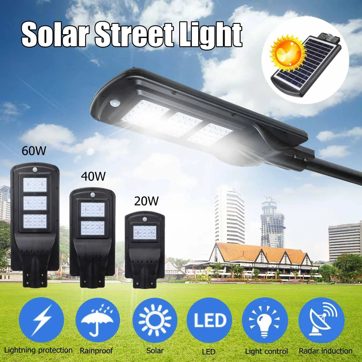 

60W/40W/20W LED Wall Street Solar Light Radar Induction Motion Sensor Outdoor Solar Lamp for home garden courtyard use