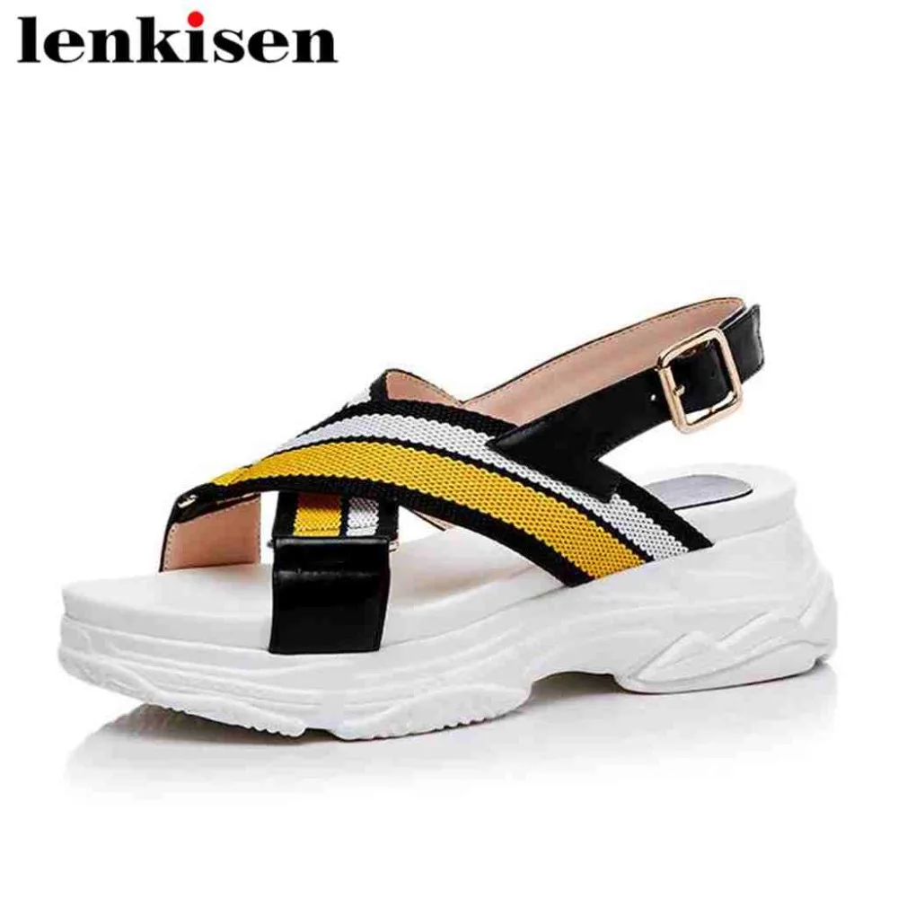 

Lenkisen cow leather metal buckle strap peep toe med thick bottom women sandals striped wedges simple fashion summer shoes L52