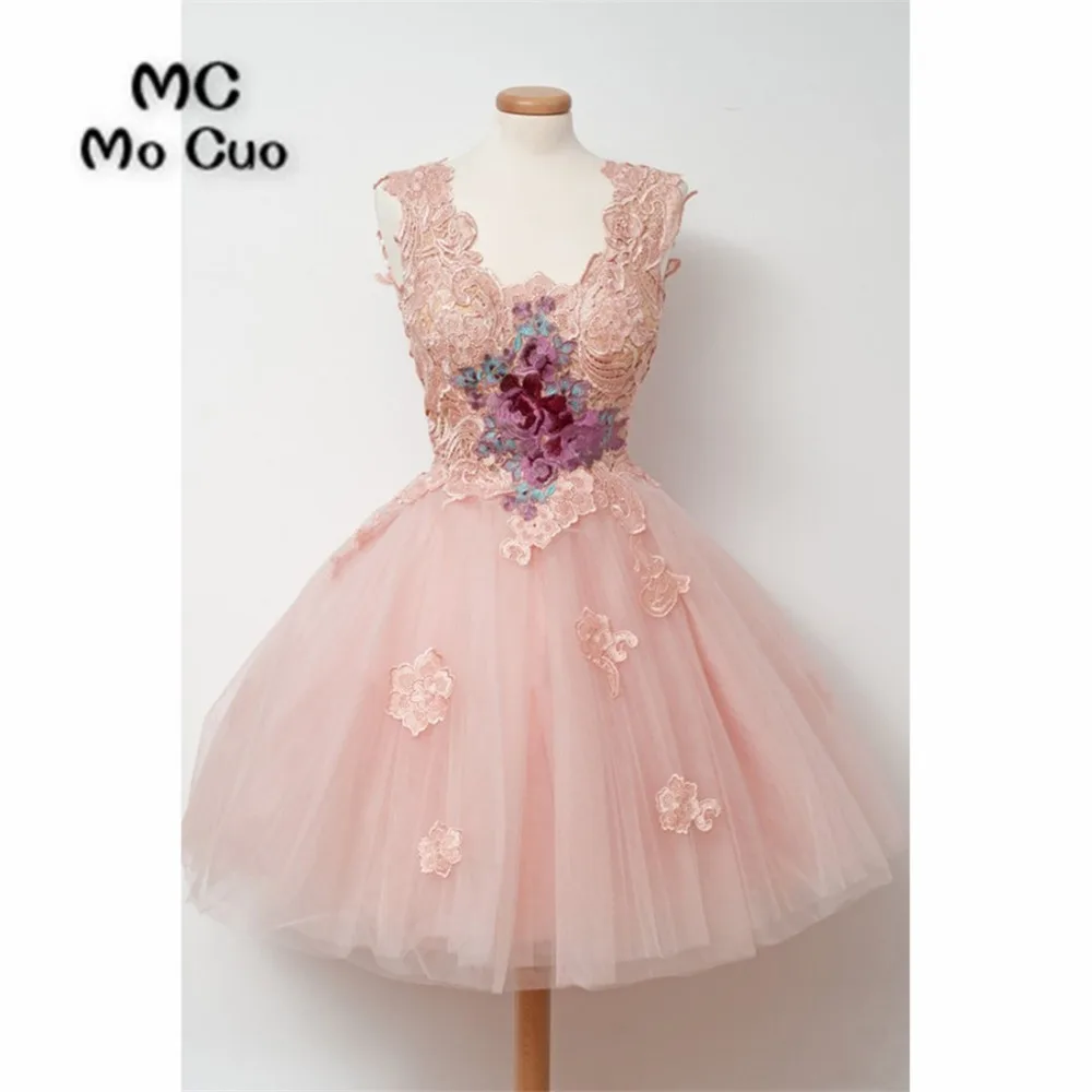 

2018 Ball Gown Homecoming dress Short with Appliques V-Neck Tank Cocktail party dress Tulle Tank Pink homecoming dress