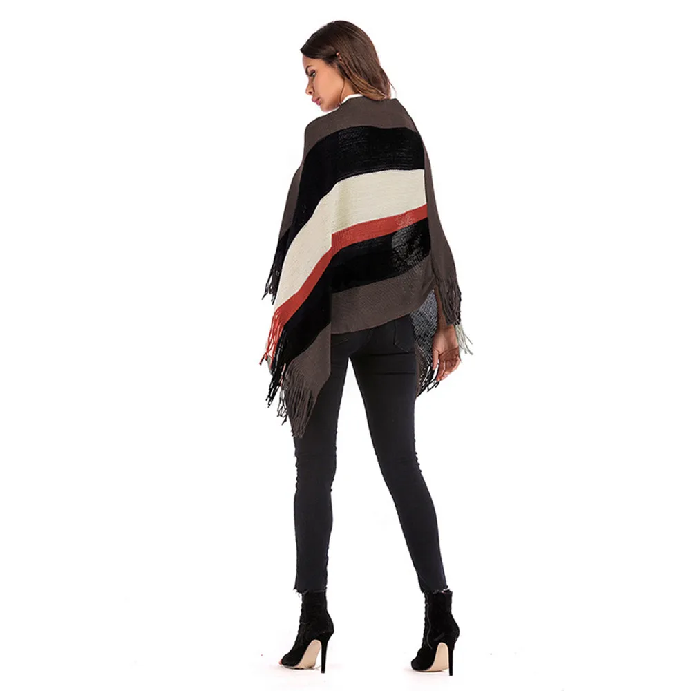 Colorblock Striped Tassel Cloak Shawl Loose Pullover Casual Loose Long Irregular Tassel Colorblock Striped Tassel Cloak Shawl Loose Pullover Casual Loose Long Irregular Tassel