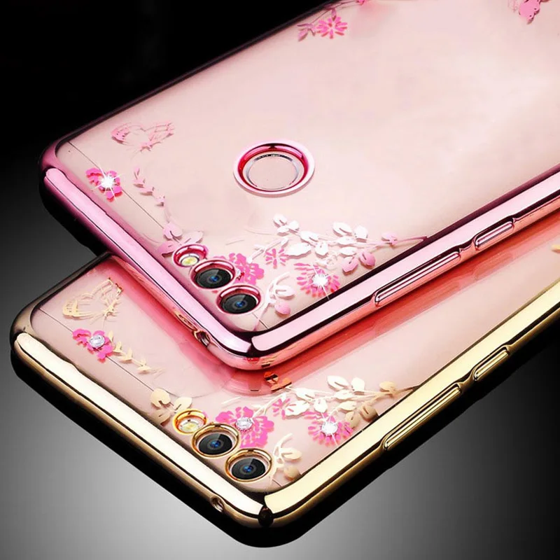 

For Huawei P Smart Case Plating Flora Diamond Flower Soft TPU Silicone Cover Case For Huawei P Smart PSmart Phone Fundas Case